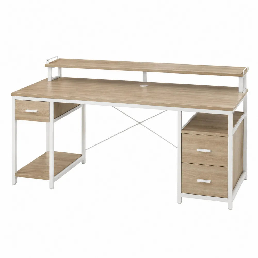 Escritorio de tablero laminado y metal blanco con almacenamiento 140x60x90 cm