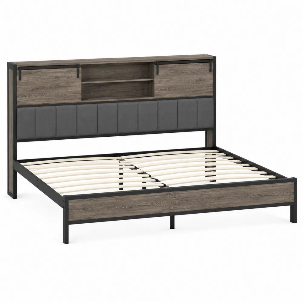 Cama doble de metal y madera con cabecero de almacenamiento 200x160 cm