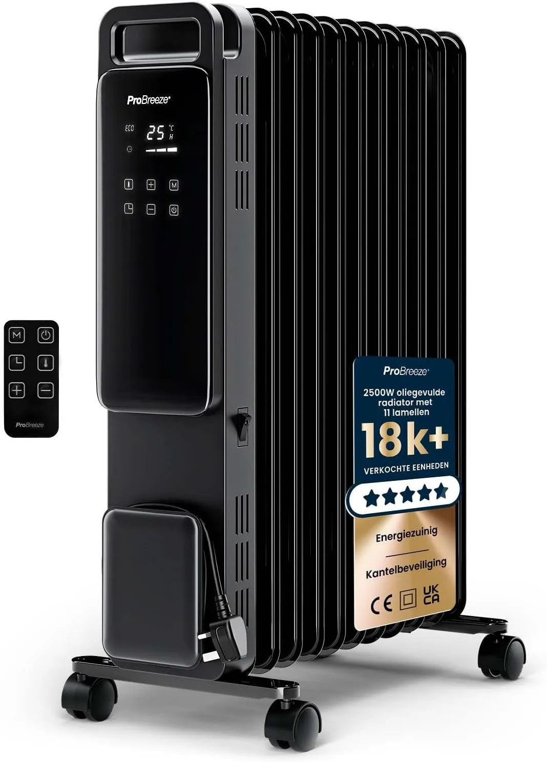 Elektrische kachel met 2500 W, 3 Modi, 24-uurs Timer en zwart