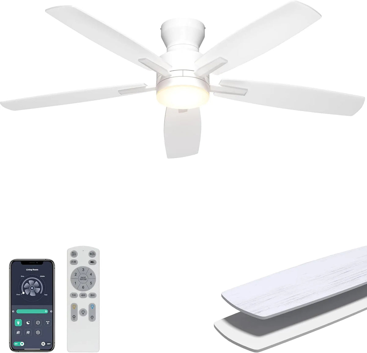 Ventilator, Ohniyou Plafondventilator, afstandsbediening/app-bediening, dimbaar licht, geluidsarm moderne inbouwplafondventilator voor slaapkamer