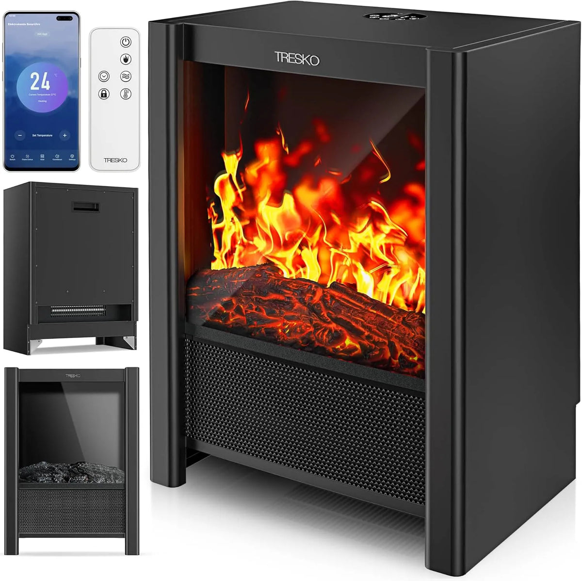Elektrische haard met 2000 W, wifi, 35°C, timer, afstandsbediening, digitaal display en geluidsarme werking