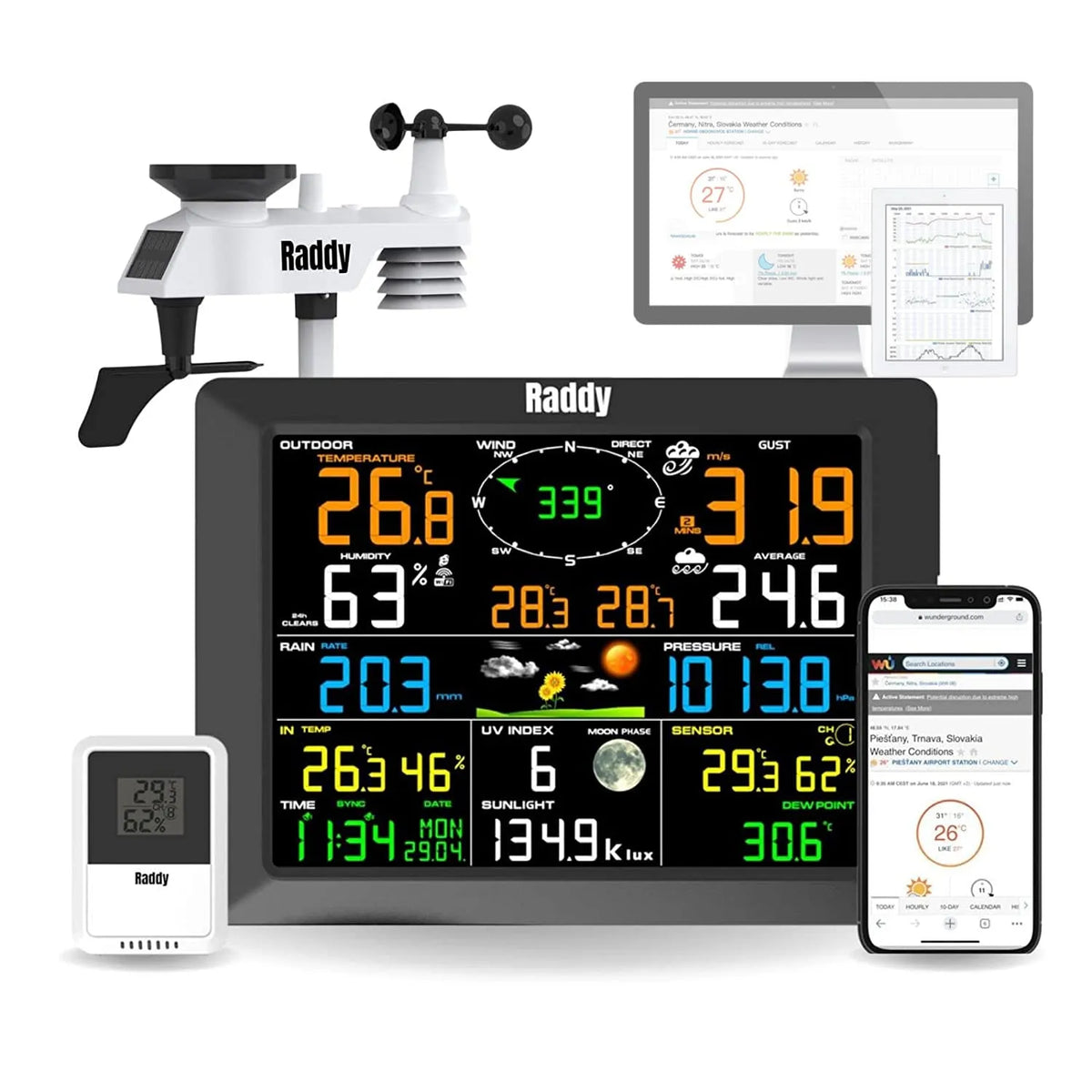 Weerstation, 10 inch, wifi, regenmeter, kantoor, 14-in-1, windmeter, zonnesensor voor thuis, tuin, Raddy WF-100C