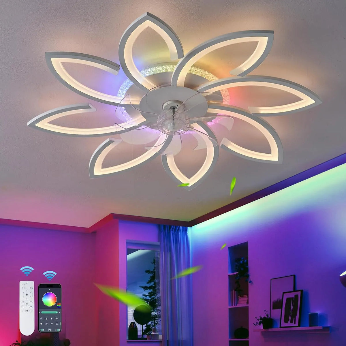 Bloemenplafondventilatoren met RGB-verlichting, omkeerbare 6 snelheden dimbare ventilatorverlichting plafond voor, variabele kleur, geluidsarm