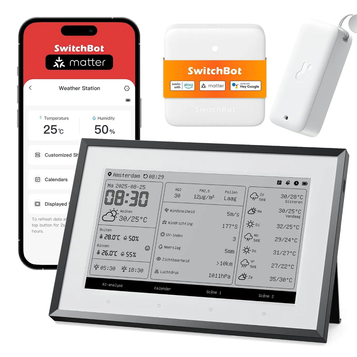 Weerstation, 2,4GHz Wi-Fi en BLE, Outlook 3in1, Compatibel met Google, iCloud