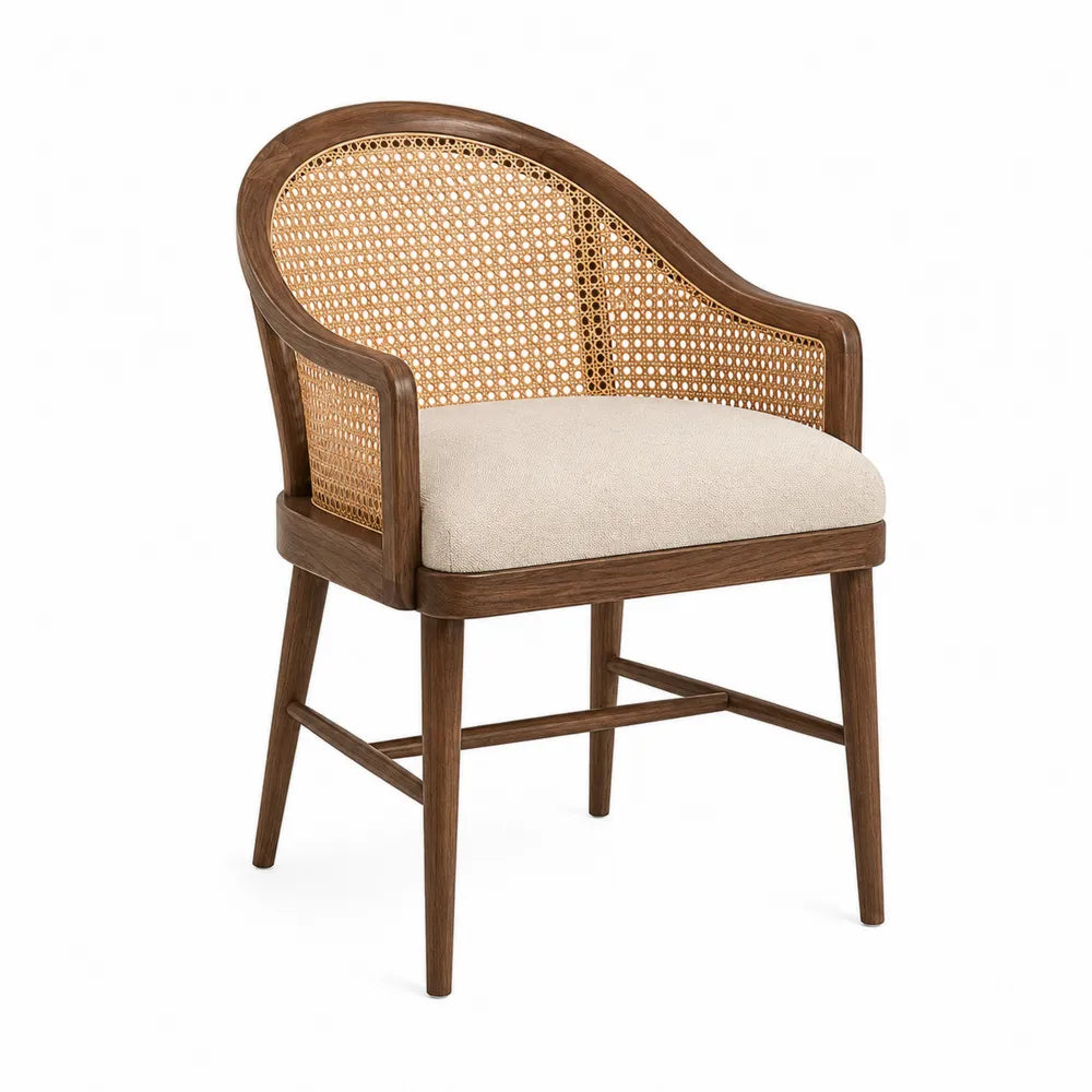Silla de madera y ratán con asiento de tela beige