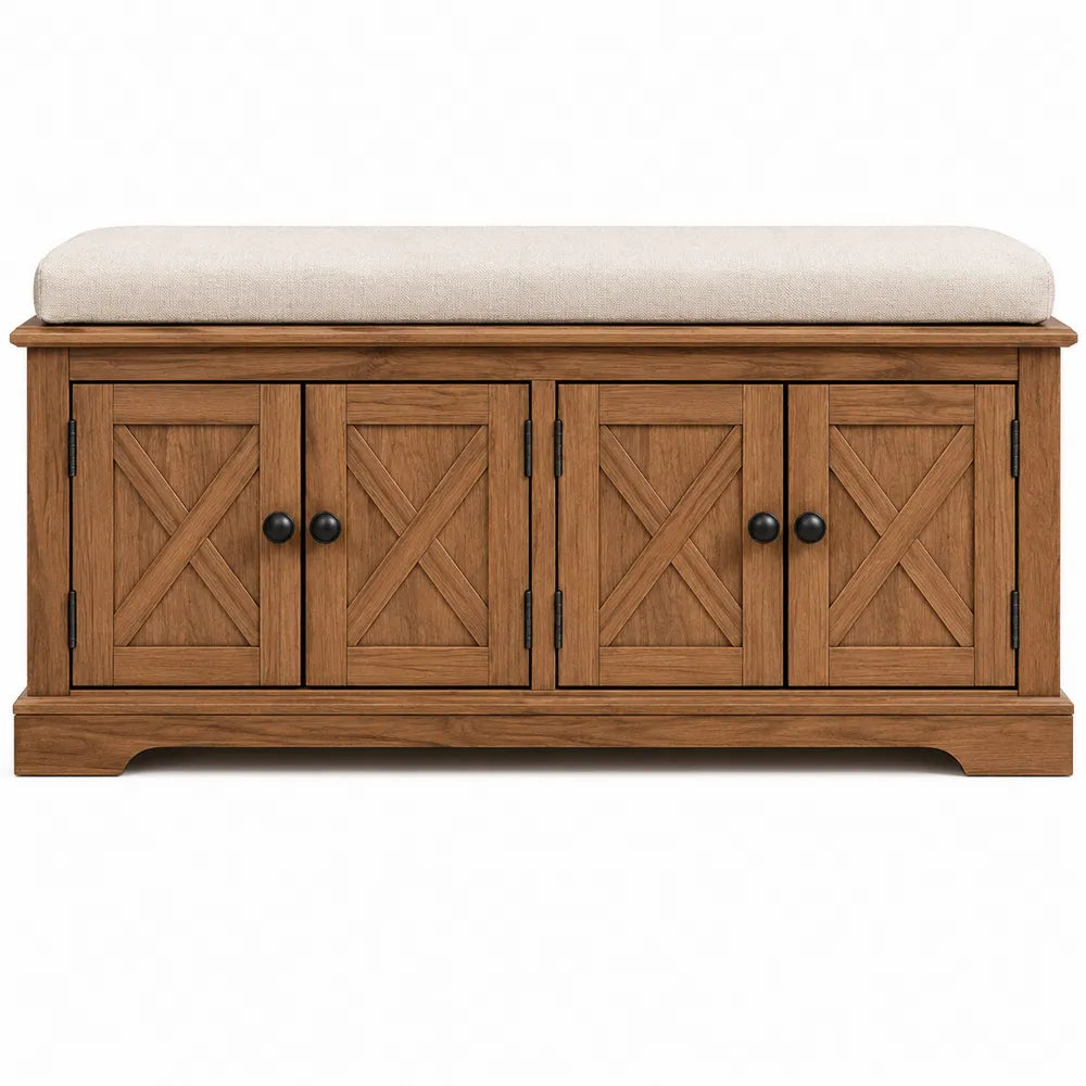 Banco de Madera con Asiento de Tela Beige