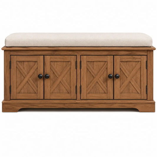 Banco de Madera con Asiento de Tela Beige