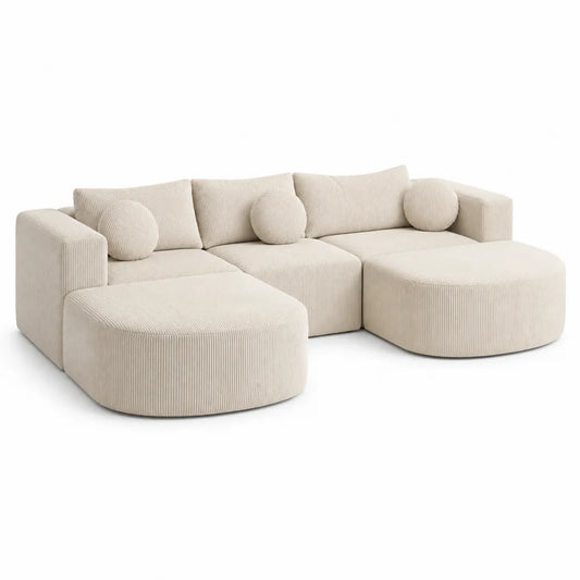 Sofá modular de pana beige de 5 plazas con cojines