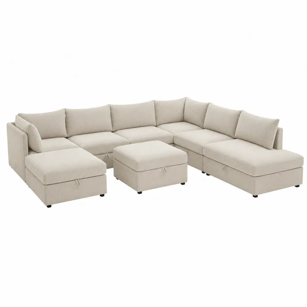 Sofá modular en L de tela de pana beige con puf adicional