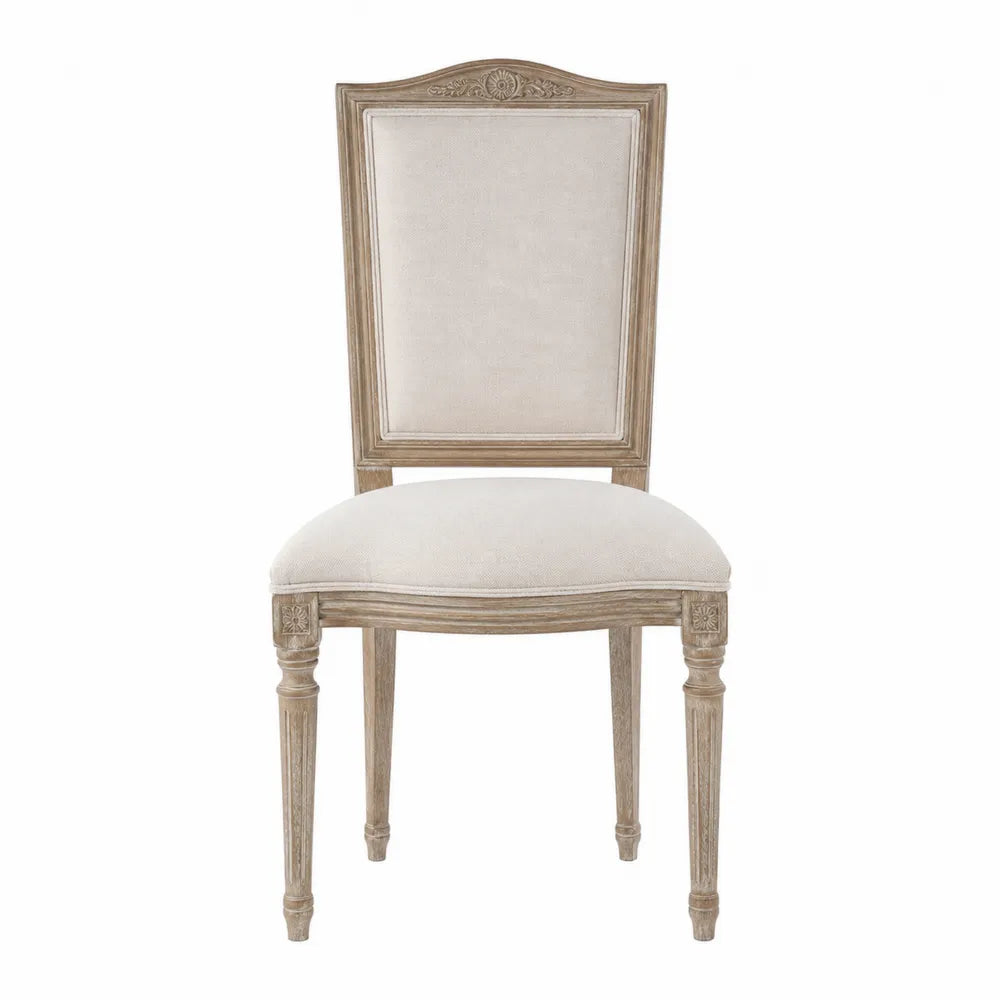 Silla de madera de roble tapizada en lino beige
