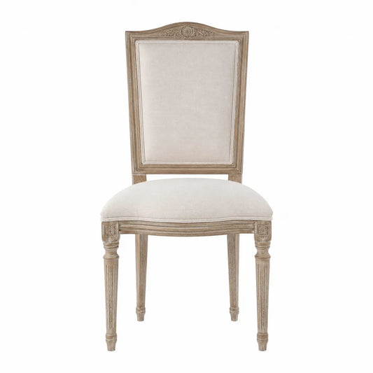 Silla de madera de roble tapizada en lino beige