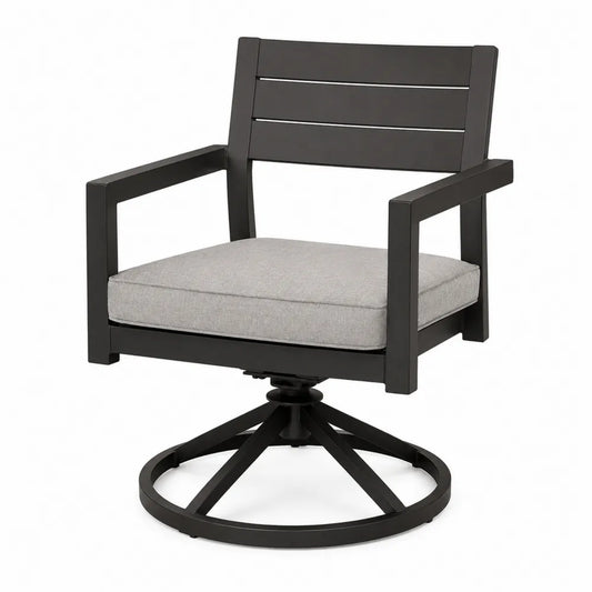Silla giratoria de aluminio negro con cojín de poliéster gris