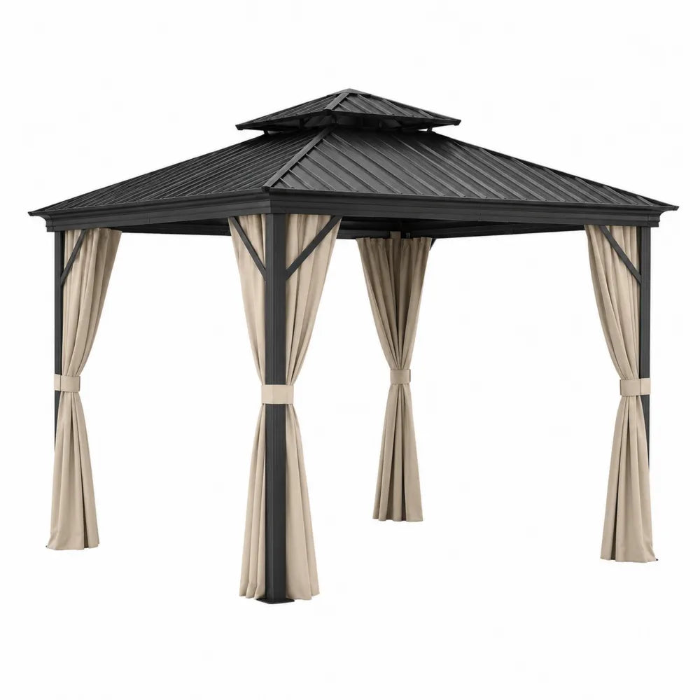 Gazebo de Aluminio con Techo Doble y Cortinas de Poliéster Beige de 400x300x260 cm