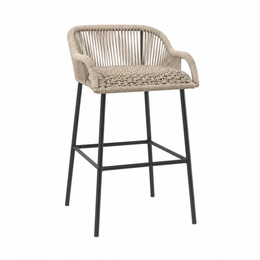 Taburete de exterior de cuerda beige y acero negro, 95 cm