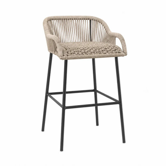 Taburete de exterior de cuerda beige y acero negro, 95 cm