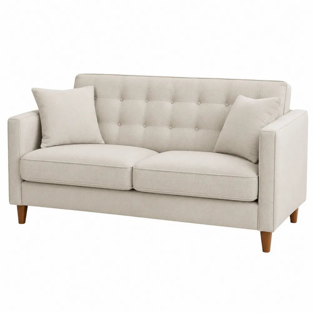 Sofá de dos plazas de lino beige con cojines, 140 cm