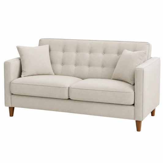 Sofá de dos plazas de lino beige con cojines, 140 cm