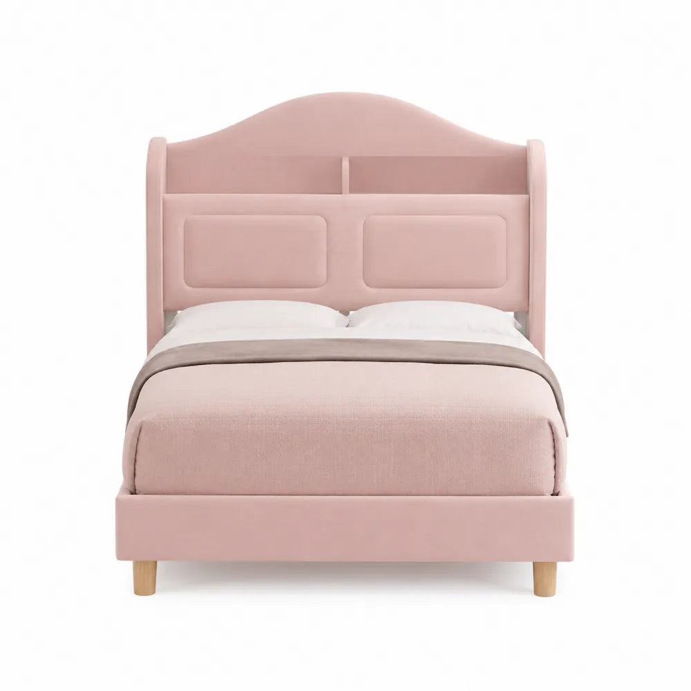 Cama doble tapizada de terciopelo rosa con cabecero de almacenamiento 200x160 cm