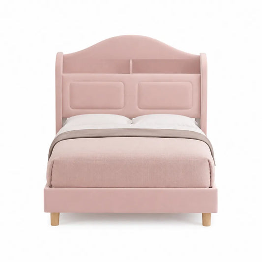 Cama doble tapizada de terciopelo rosa con cabecero de almacenamiento 200x160 cm