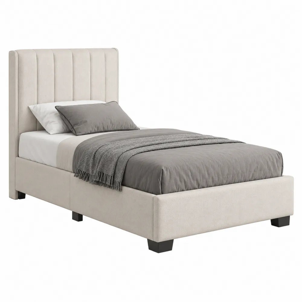 Cama Individual Tapizada en Tela Beige con Cabecera Acolchada