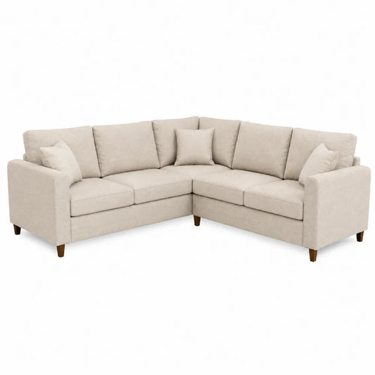 Sofá esquinero en L de tela beige con patas de madera