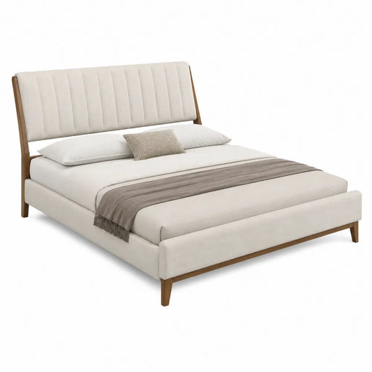 Cama de madera y poliéster beige con colchón y almohadas 200x160 cm