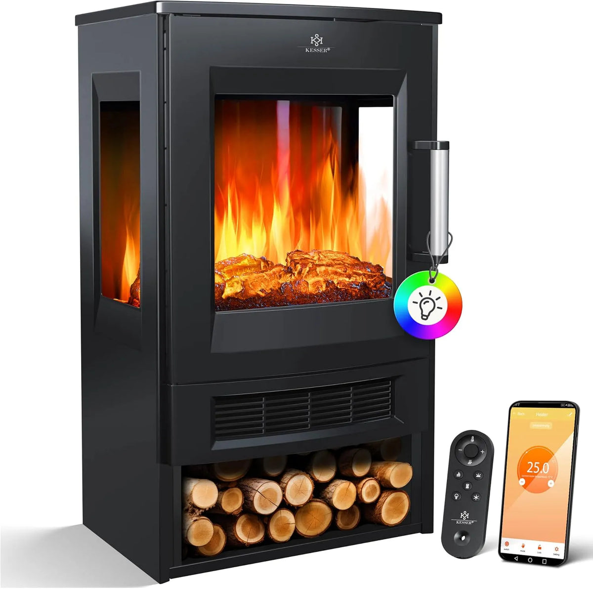 Elektrische haard, led-vlameffect met 9 kleurmodi, 900/1800 W, panoramavenster, afstandsbediening, wifi-app, KESSER Elektrische open haard