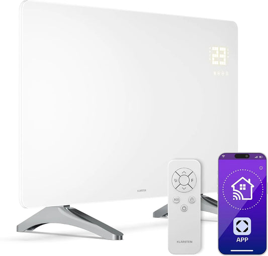 Verwarming, IP43, timer, IP43, voor ruimtes van 9 m2, wit, slimme app en spraakbesturing, thermostaat, Klarstein infraroodpaneelverwarming 480 W, aan