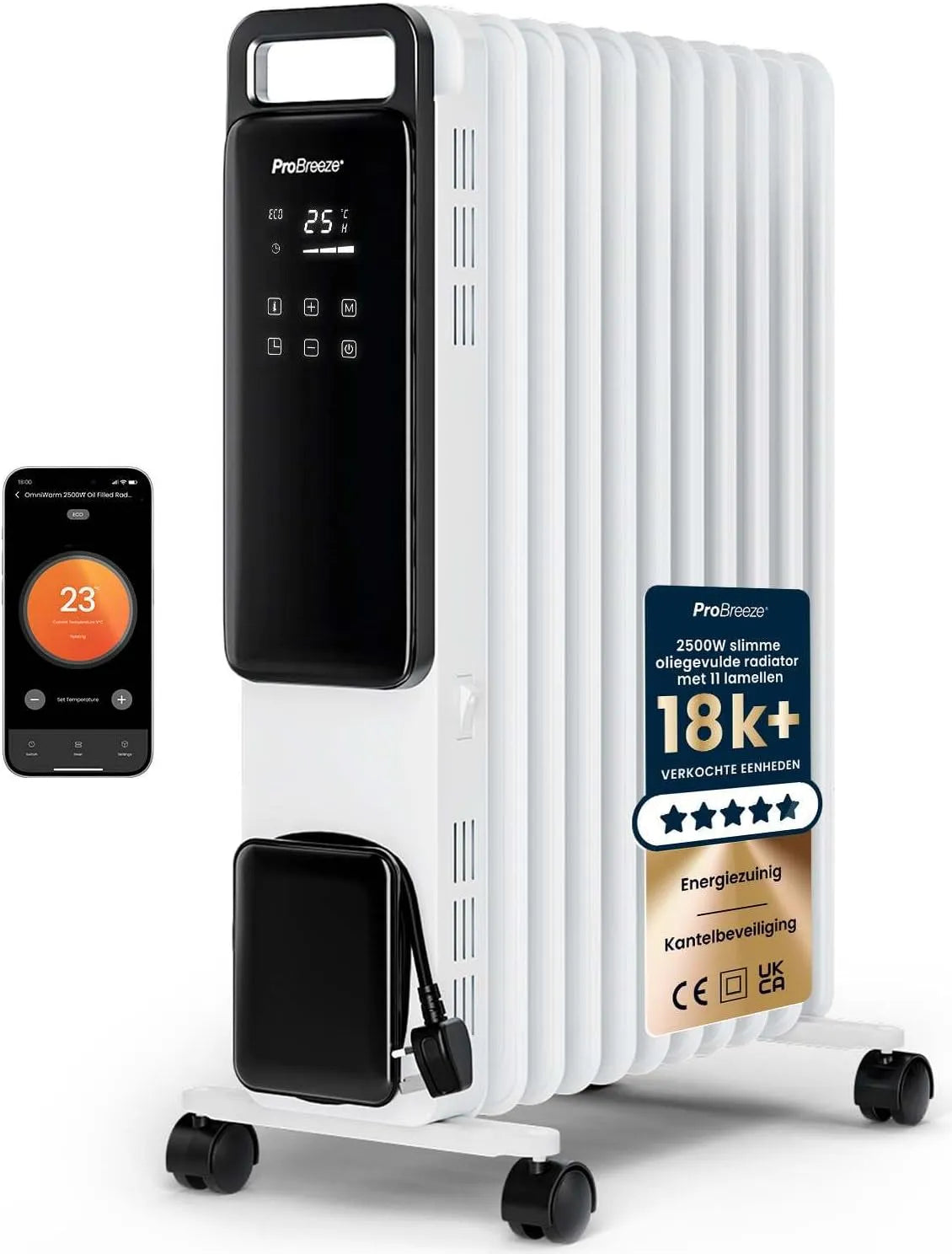 Elektrische kachel met 2500 W, 3 Modi, Wifi, 24-uurs Timer en wit