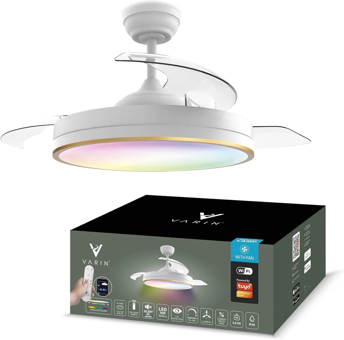 Ventilator met 108 cm, 20–45 dB, 2-IN-1, timer, afstandsbediening, geluidsarme werking, gerichte luchtcirculatie en wit