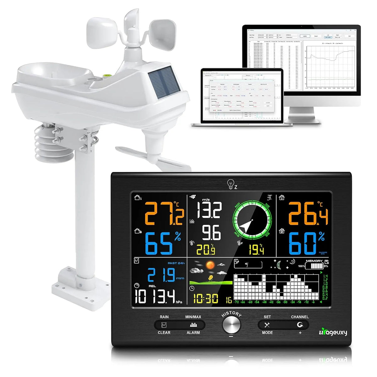 Weerstation met 7,6 inch, 7-in-1, 0,3 °C, 16 seconden, 40°C, 60°C, USB en draadloze werking