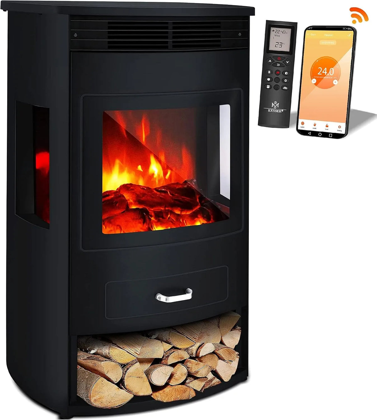 Elektrische haard, met thermostaat 3-delig panorama kijkvenster, KESSER Prio Elektrische open haard met verwarming