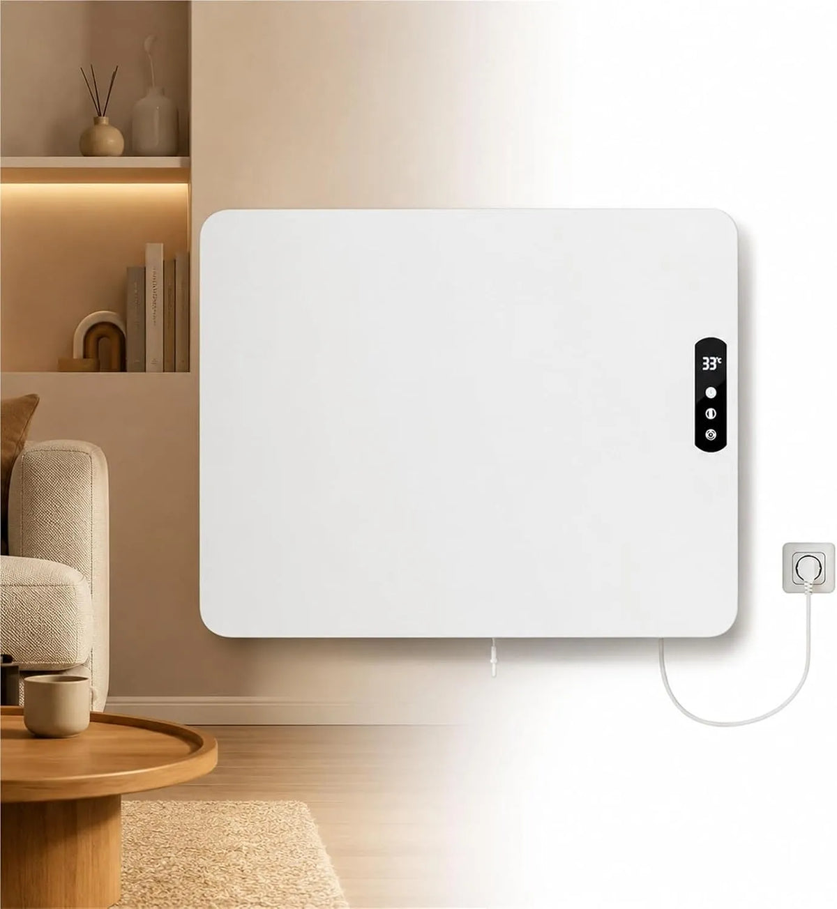 Wandgemonteerde elektrische convectieverwarmer met wifi, afstandsbediening, regelbare thermostaat, wandmontage en geluidsarme werking