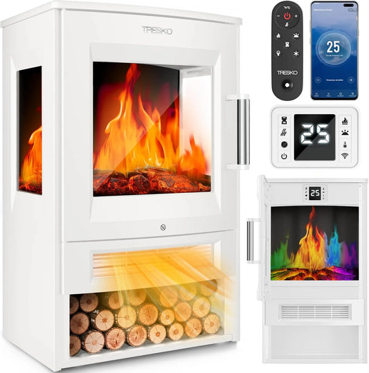 Elektrische haard met 1800 W, wifi, timer, 30 m2, 1-8 uur, 15-35 °C, afstandsbediening en geluidsarme werking