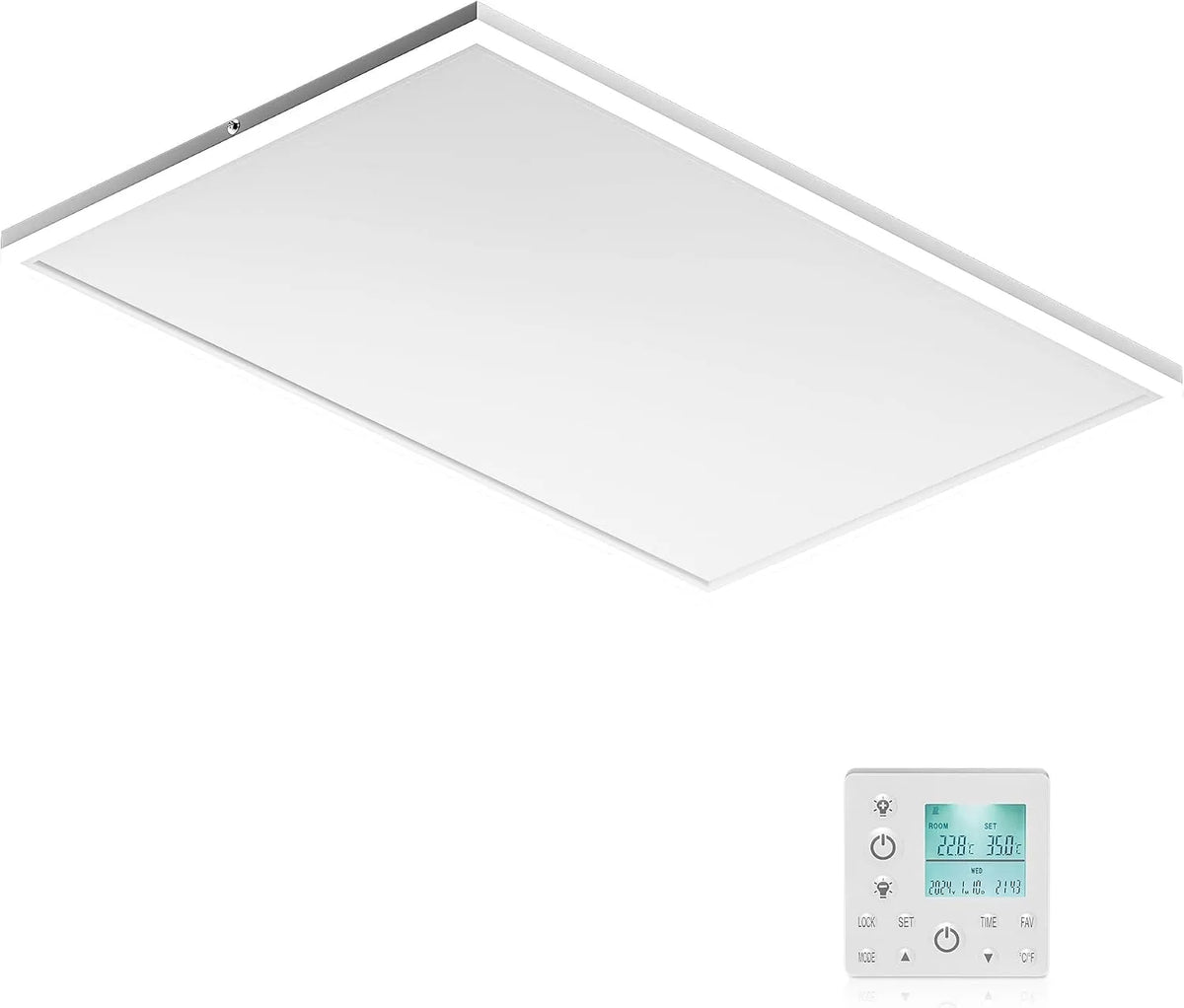 Infraroodverwarming met 65,5 x 63 x 3,5 cm, 370 W, 130°C, afstandsbediening, aluminium en wit
