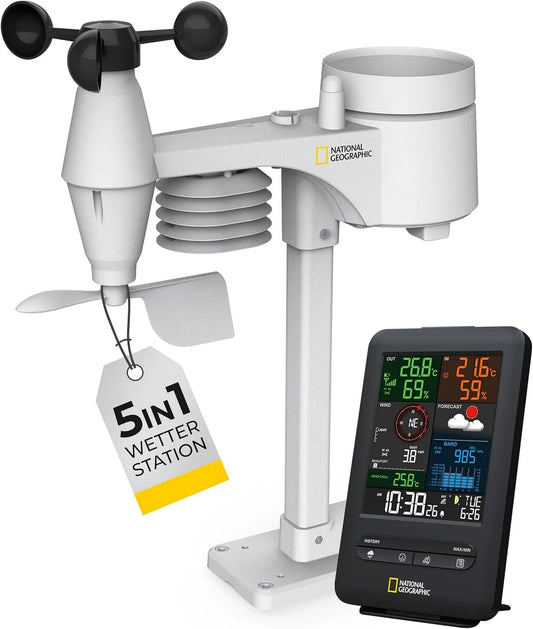 Weerstation met 5-in-1, 120 x 190 x 22 mm, 344 x 394 x 136 mm, draadloze werking en zwart