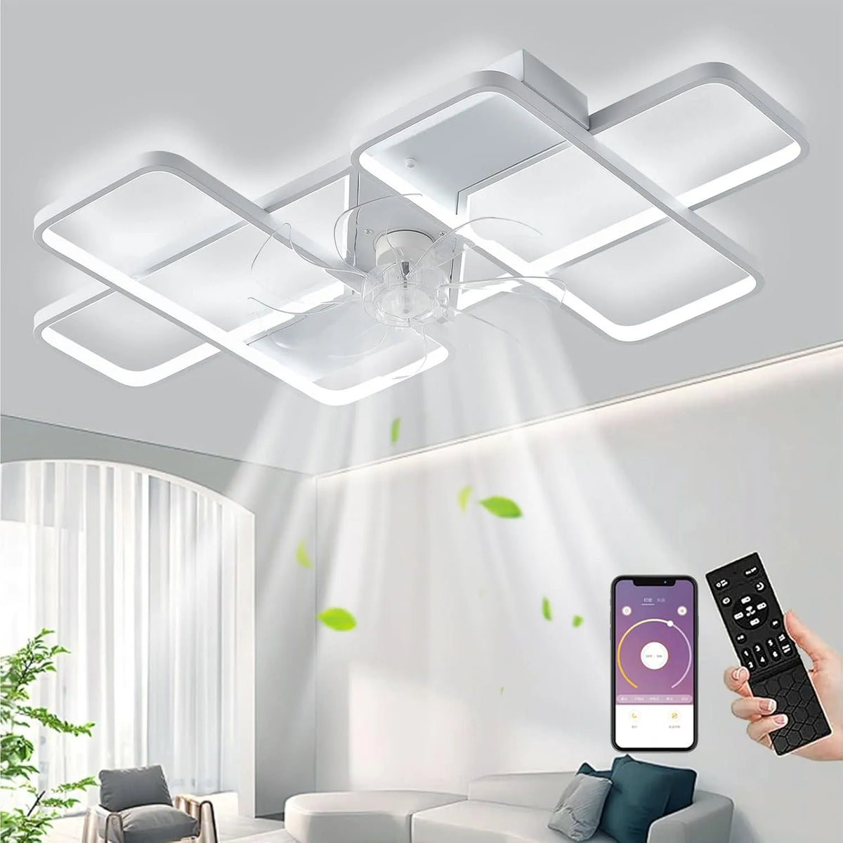 Ventilator, 85 W, Afstandsbediening geluidsarm Lamp, Ventilator Dimbaar 6 Windsnelheden Plafondlamp, Woonkamer Slaapkamer Keukenlamp Wit 90cm