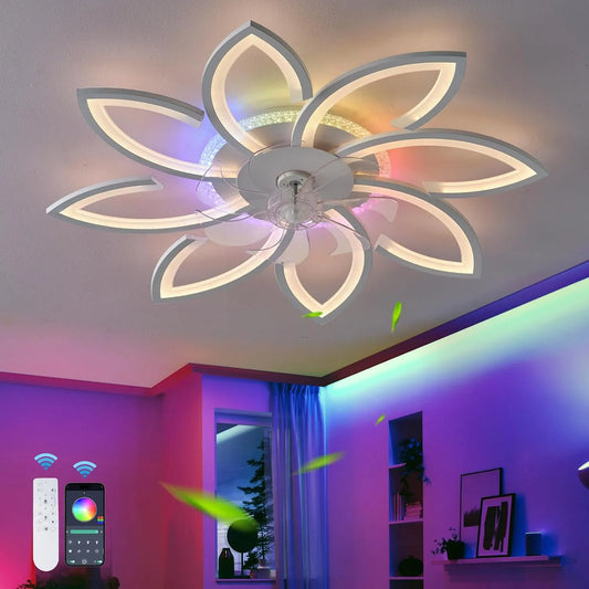 Bloemenplafondventilatoren met RGB-verlichting, omkeerbare 6 snelheden dimbare ventilatorverlichting plafond voor, variabele kleur, geluidsarm