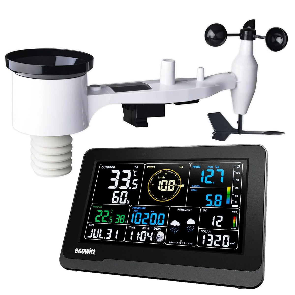 Weerstation WS3900 met 7,5 inch, 7-in-1, 3-in-1, wifi, draadloze werking en zonne-energie