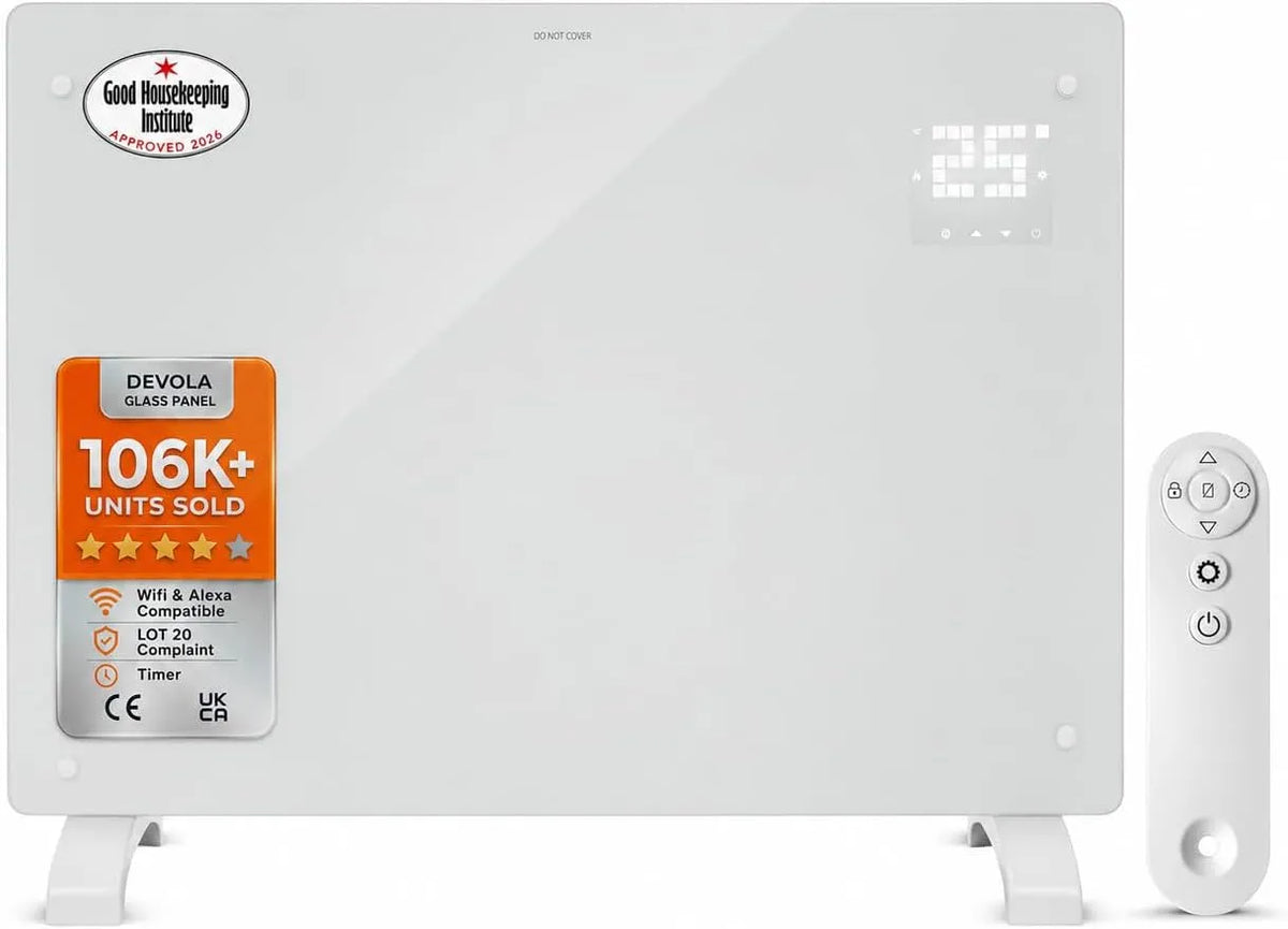 Infraroodverwarming, DVPW1000WH, timer, Devola Wifi Smart elektrisch verwarmingspaneel van glas, 20 stuks, Alexa-bediening, open raamdetectie