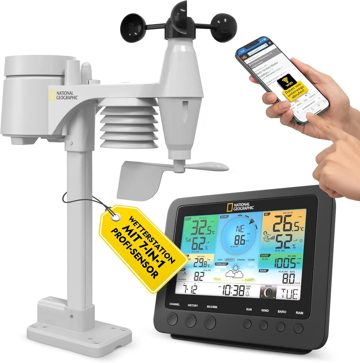Weerstation met 7-in-1, wifi, 168 x 143 x 24 mm, 5,7 inch en draadloze werking