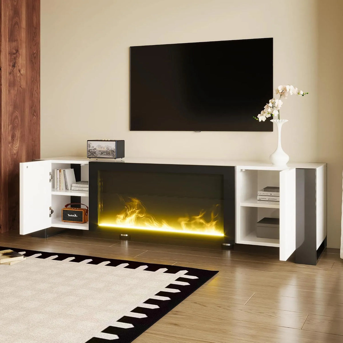 Kast, Lowboard met elektrische haard met vlameffect, geen verwarmingsfunctie, hoogglans, TV