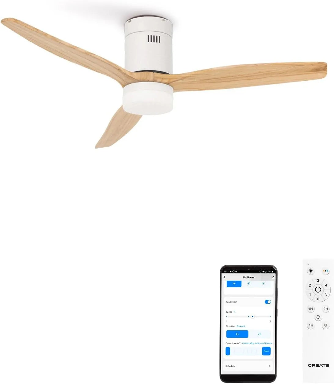 Ventilator, met WIFI, timer, natuurlijke houten messen/geluidsarm, timer, met WIFI