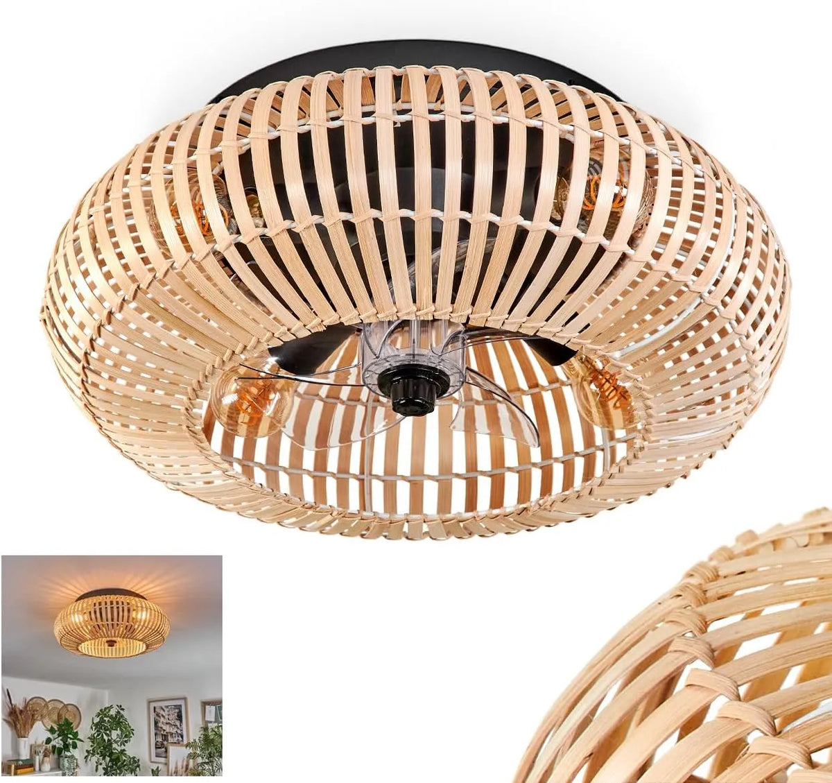 Ventilator, plafondlamp 4 lichtpunten, Ø 50 cm, 4 x E27, mulstrand, op-/neerwind-functie en lichteffect op het plafond