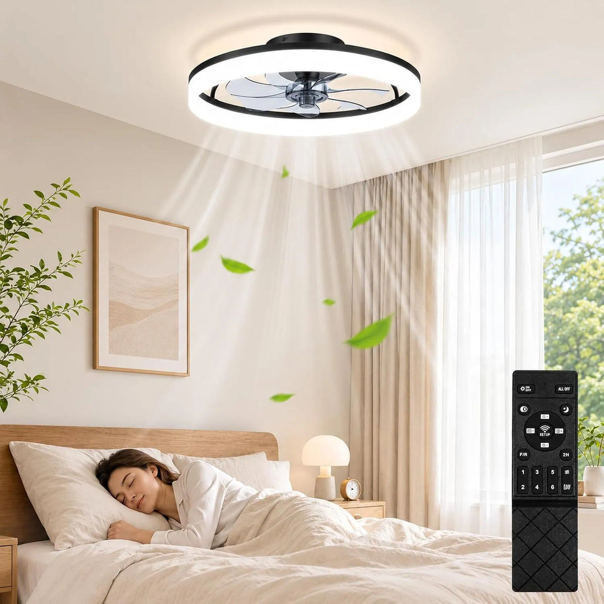 Plafondventilatoren met verlichting en afstandsbediening met 6 snelheden, 40 cm, 50 cm, timer, geluidsarme werking, gerichte luchtcirculatie en zwart