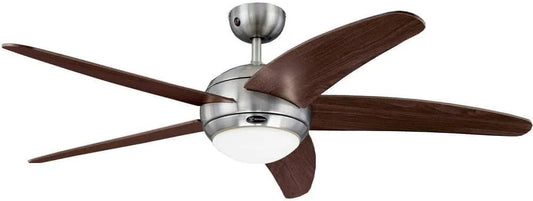 Ventilator, 132cm, satijnchroomafwerking met opaal matglas met één lamp, bruin, plafondventilator voor binnen met vijf lamellen, incl.