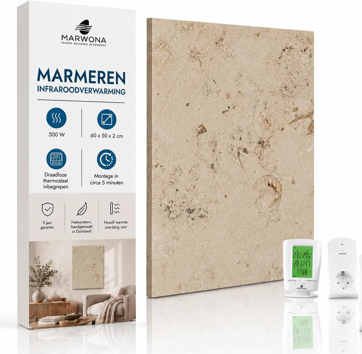 Infraroodverwarming, Naturstein Jura x50, massieve wandverwarming van echt marmer, elektrische verwarming met digitale thermostaat, geluidsarm, 60x50