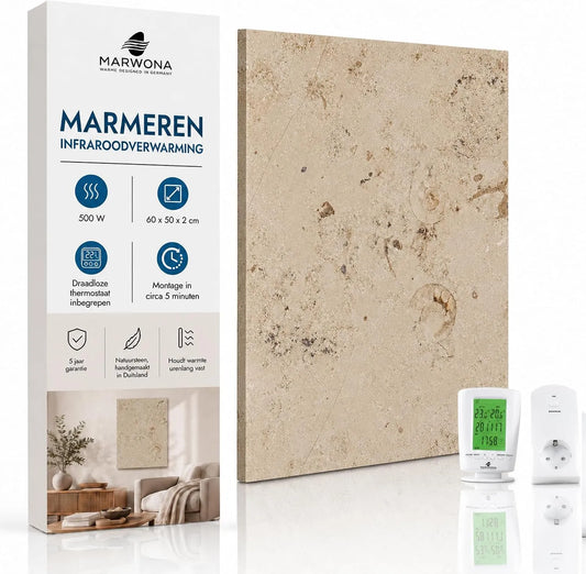 Infraroodverwarming, Naturstein Jura x50, massieve wandverwarming van echt marmer, elektrische verwarming met digitale thermostaat, geluidsarm, 60x50