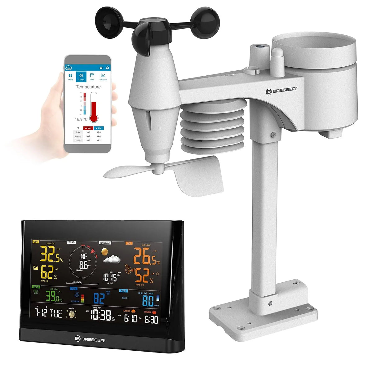 Weerstation met 7-in-1, 202 x 138 x 38 mm, 343,5 x 393,5 x 136 mm, 24 uur, 5,7 inch, wifi, digitaal display en draadloze werking