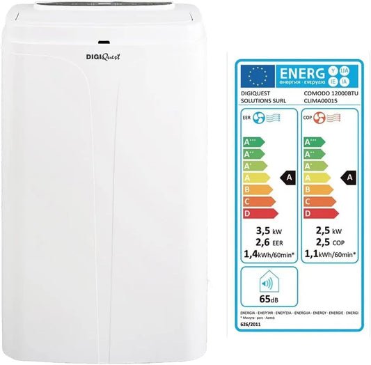 Mobiele airconditioner, 12000 BTU, 3,5 kW, 2,5 kW, 4-in-1: koud, 24-uurs timer, warm, nachtmodus, ruimtebesparend, energieklasse A